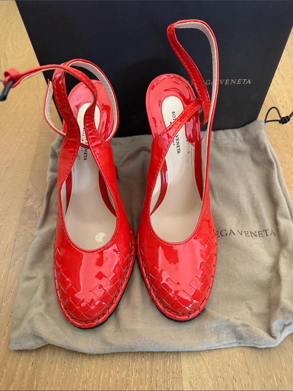 Bottega Veneta Red Patent Woven Slingback Pumps